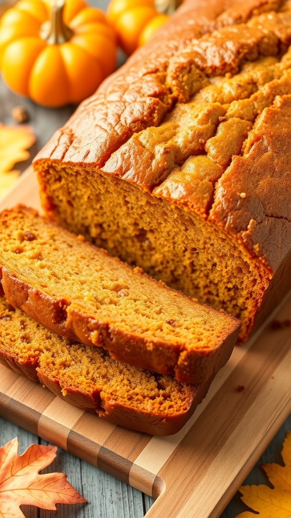 A loaf of brown sugar pumpkin bread sliced on a wooden board, showcasing its moist texture and surrounded by autumn decorations.